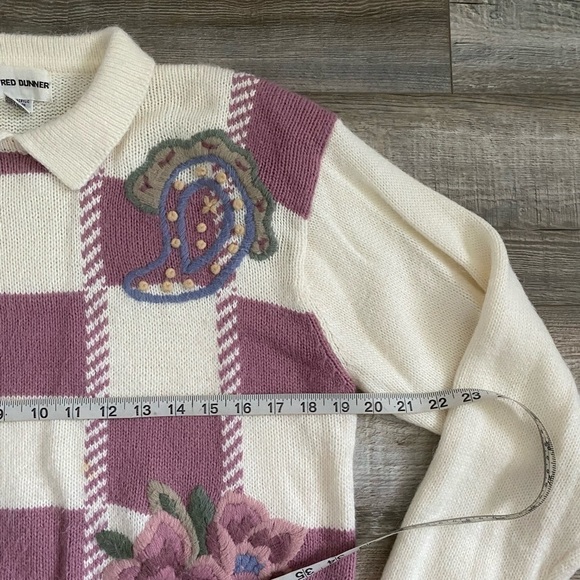 Vintage Floral Embroidered Argyle Collar Sweater M - Picture 6 of 8
